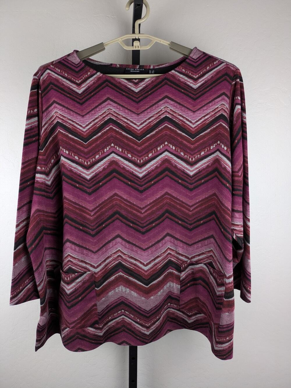 Susan Graver Weekend Printed Ponte Pullover Tunic Top Pink Black Gray